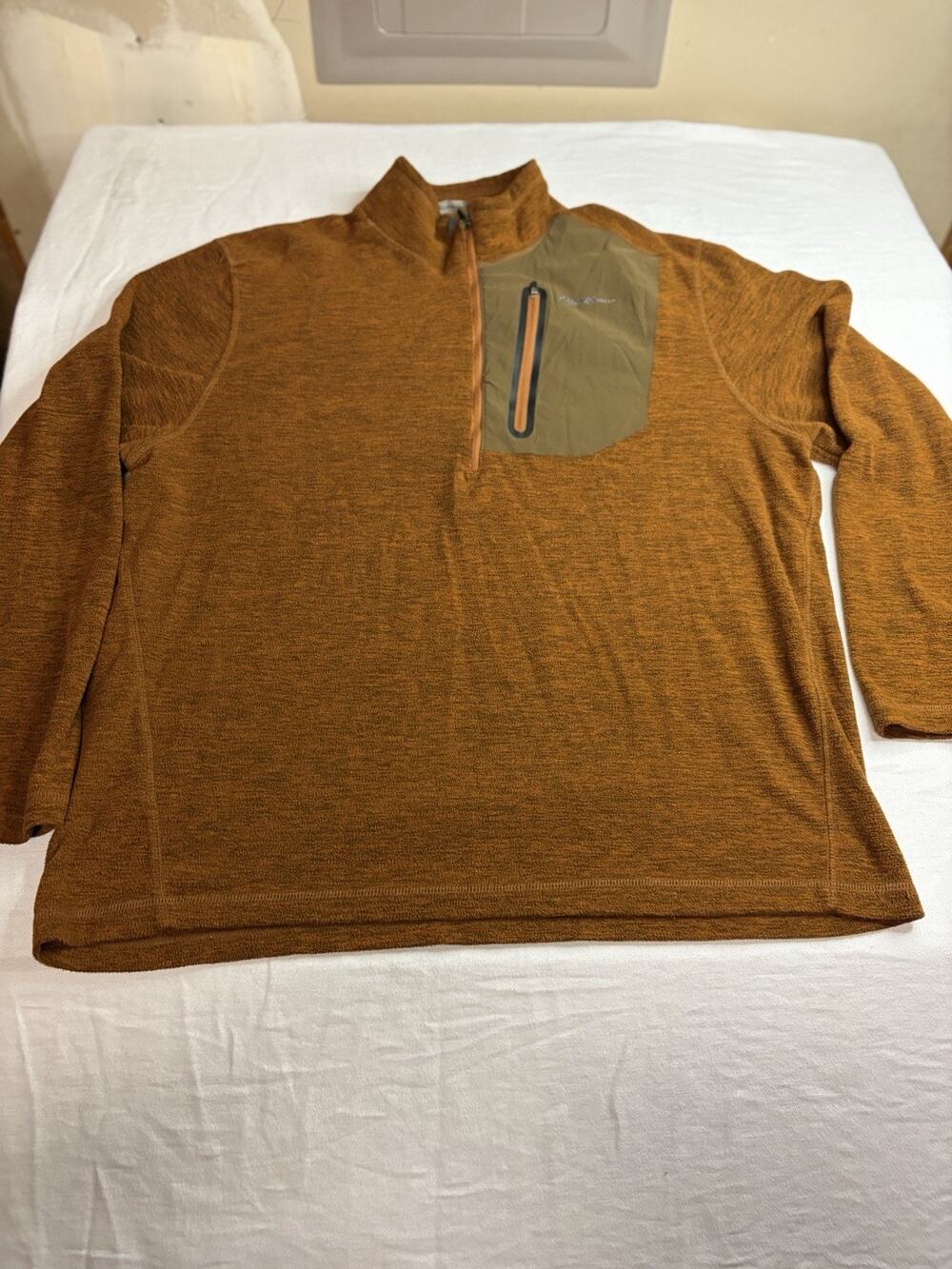 Eddie Bauer 1/4 Zip Pullover Men XL Heather Brown Fleece Chest Pocket Hiking